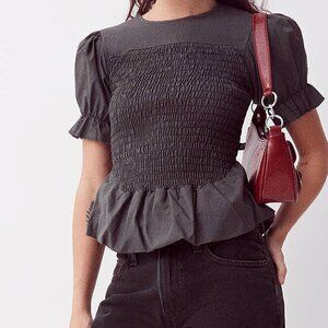 Daisy Street smocked puff sleeve blouse charcoal